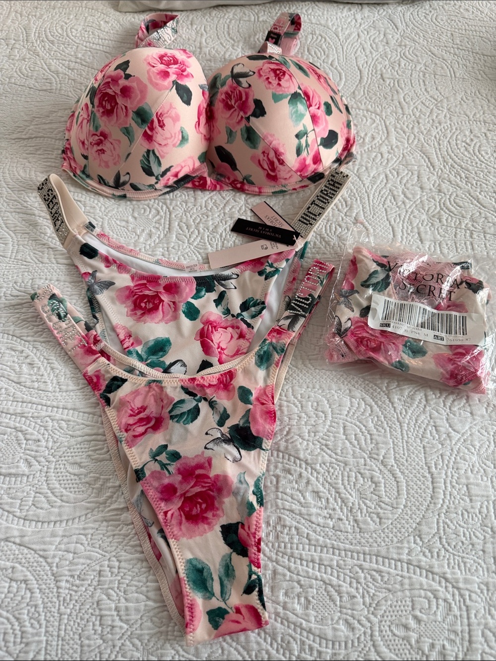 NWT Victoria's Secret Pink Floral Lace Trim Bra and 3 pc. Panty Set